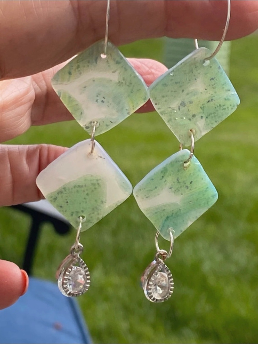 Handmade Polymer Clay Mint Green Dangle Earrings with Teardrop Charm - Picture 3 of 4